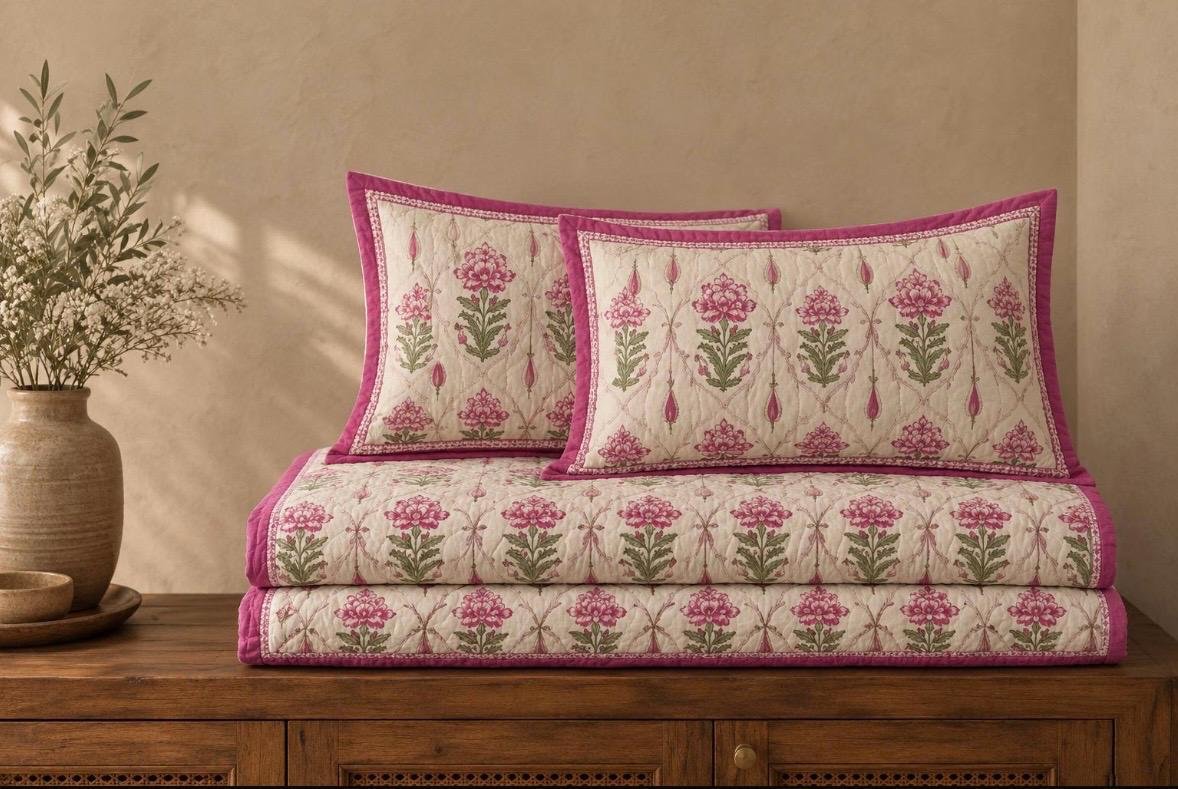 Damask Rose Mulmul Handcrafted Comforter - Image 5
