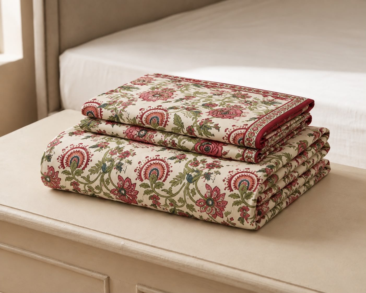 Hand Block Printed Floral Cotton Bedsheet with 2 Pillow Covers - Image 2