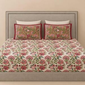 Hand Block Printed Floral Cotton Bedsheet with 2 Pillow Covers