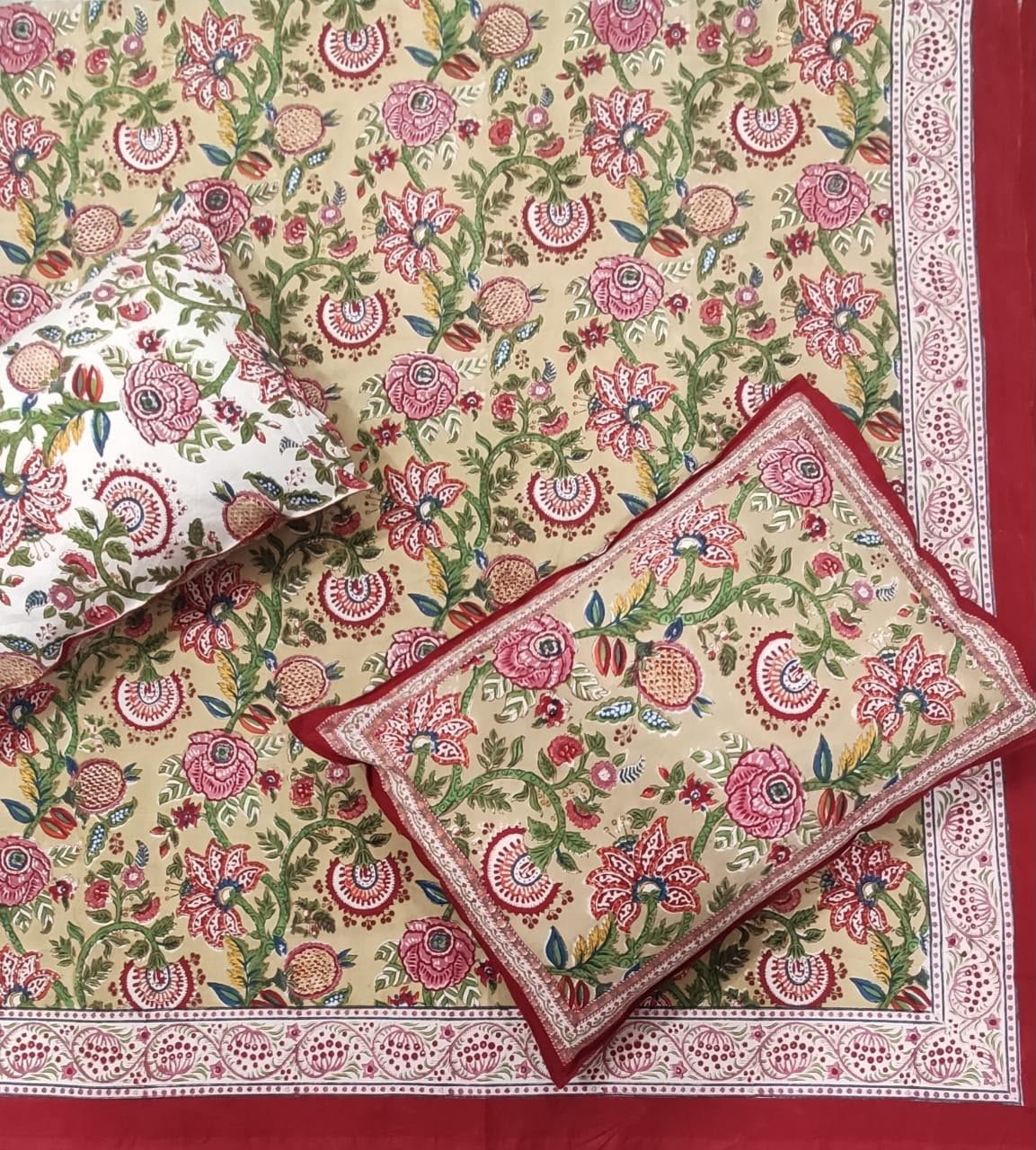 Hand Block Printed Floral Cotton Bedsheet with 2 Pillow Covers - Image 4