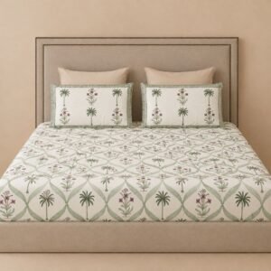 Hand Block Printed Palm & Floral Pattern Cotton Bedsheet with 2 Pillow covers
