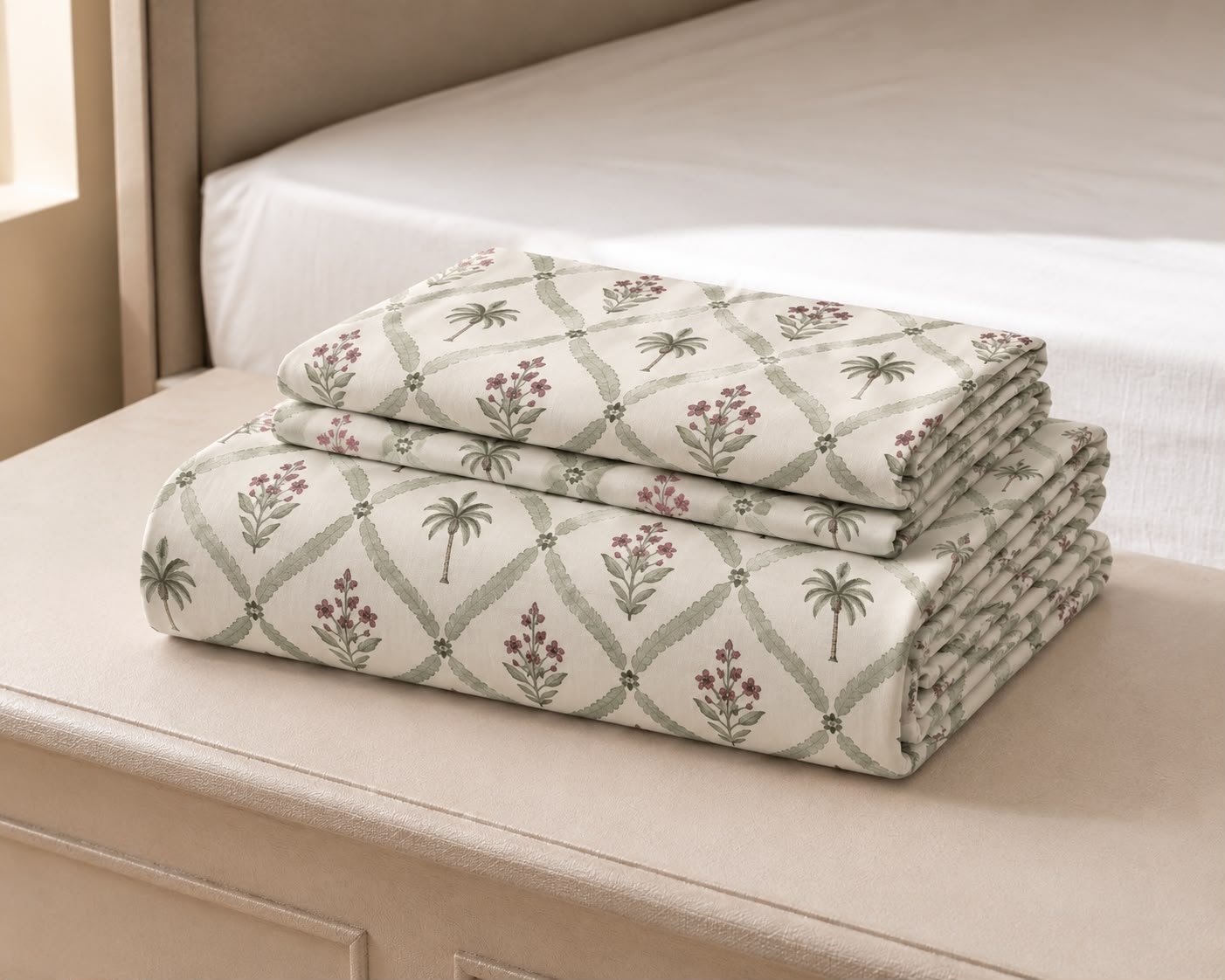 Hand Block Printed Palm & Floral Pattern Cotton Bedsheet with 2 Pillow covers - Image 2