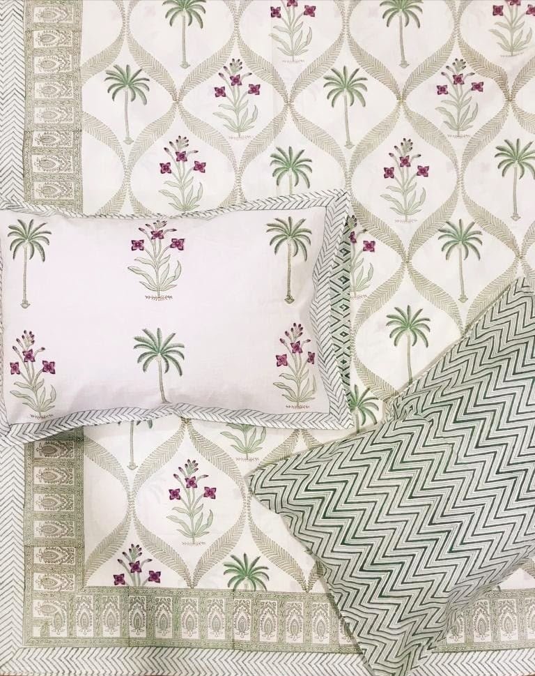 Hand Block Printed Palm & Floral Pattern Cotton Bedsheet with 2 Pillow covers - Image 4